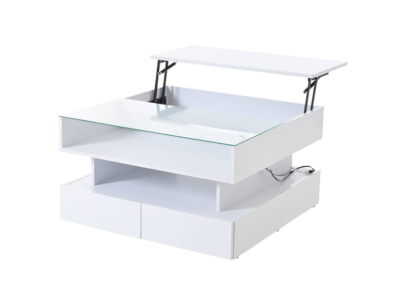 Table basse 80 x 80 x 45 cm, réglable en hauteur, avec rangement dissimulé et 2 tiroirs, table d'appoint avec éclairage led, finition laquée brillante, plateau en verre trempé blanc. - Conforama D