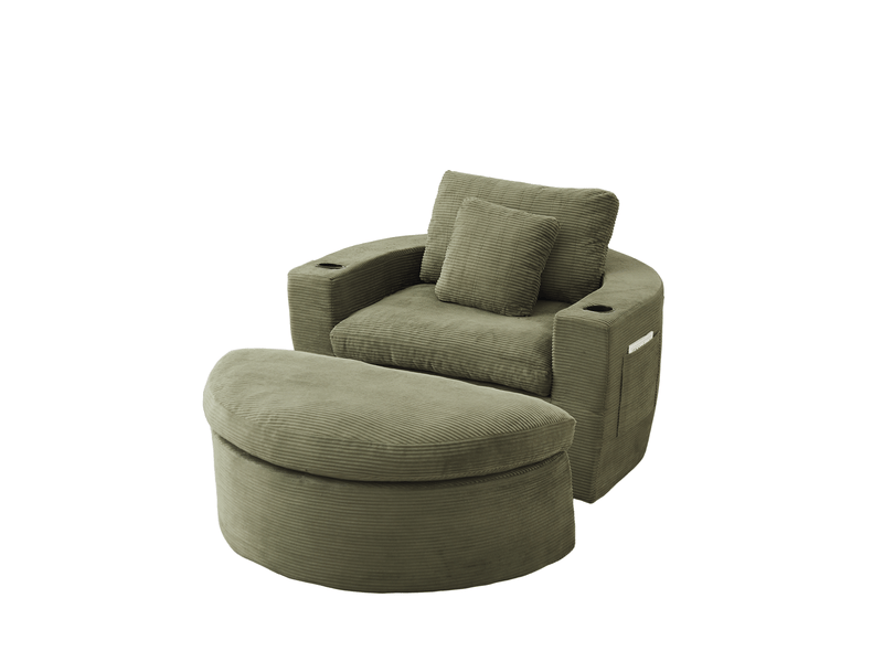 Fauteuil lounge 1 place avec repose-pieds amovible et porte-gobelet, en velours côtelé vert - Conforama A