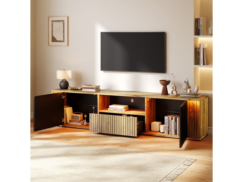  Meuble tv bas 180x40x51 cm, led bluetooth, 2 portes, 1 tiroir, mdf et panneaux de particules, noir et bois naturel  - Conforama B