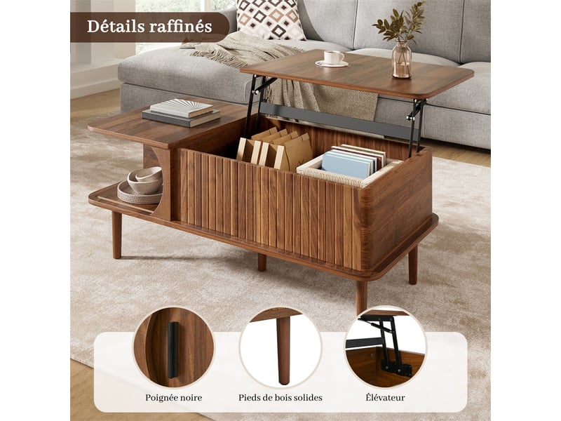  Table basse relevable rectangulaire – 100 x 48 x 41 cm – plateau relevable &amp; porte coulissante – mdf - noyer  - Conforama E