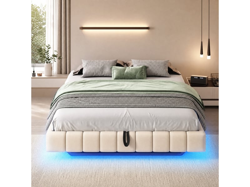 Lit coffre tcqpz 160 x 200 cm suspendu avec led sans tête de lit beige en tissu métal - Conforama B