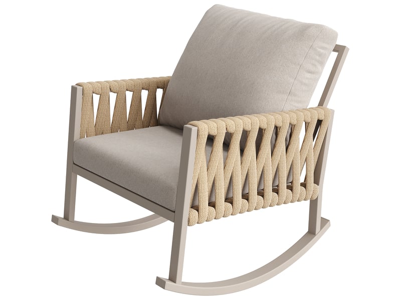 Fauteuil à bascule de jardin 65x79x78 cm avec tressage corde croisée, coussins confortables, structure métal, beige  - Conforama R