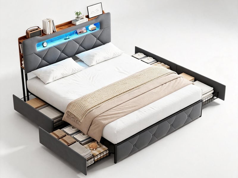  Lit 2 places 140 x 200 cm - gris - led, usb, rangement et 4 tiroirs  - Conforama A