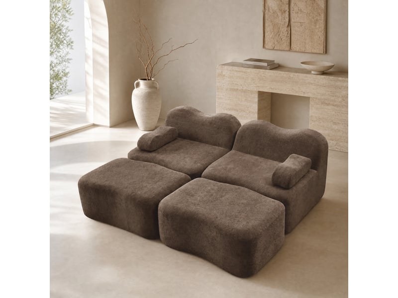  Canapé modulaire 2 places avec 2 poufs en velours marron  - Conforama B