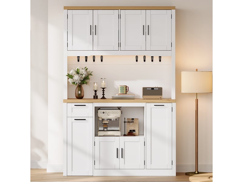  Buffet haut de cuisine 120x40x182 cm avec led rgb, 2 prises, 2 usb, 3 tiroirs, étagères réglables, crochets, rangement de porte, blanc et bois naturel  - Conforama B