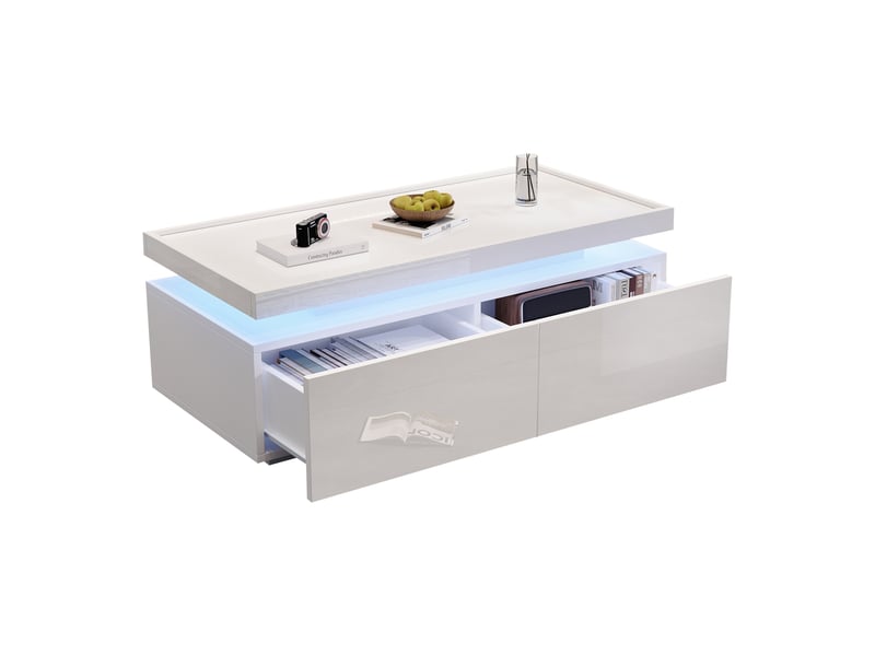  Table basse blanche brillante 95x45x35 cm, table de salon avec led et 2 tiroirs, design moderne  - Conforama A