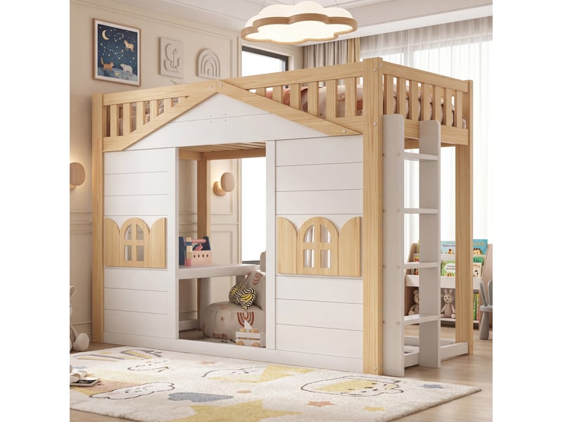  Lit superposé 90x200 cm, espace bas pour dormir ou jouer, échelle modulable, en bois, blanc et naturel, sans matelas  - Conforama C