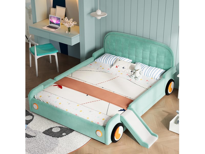  Lit enfant voiture, 140x200 cm, escalier réversibles, avec toboggan, matelas non inclus, bois, coloris bleu et vert  - Conforama D