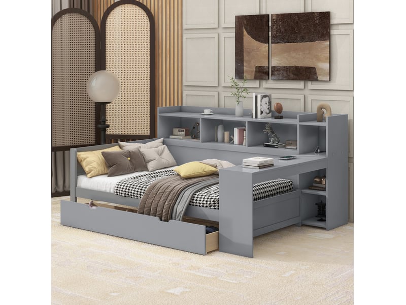  Lit 90x200 cm avec bureau, 2 tiroirs et prises usb, coloris gris, sans matelas  - Conforama B