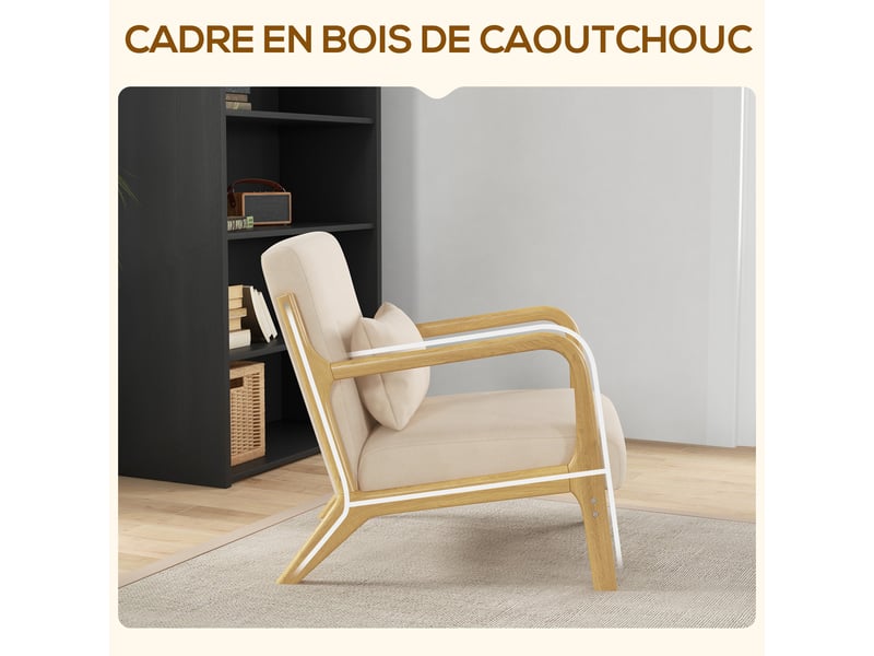  Fauteuil lounge en tissu aspect velours beige et bois d'hévéa 61x78x76 cm  - Conforama E