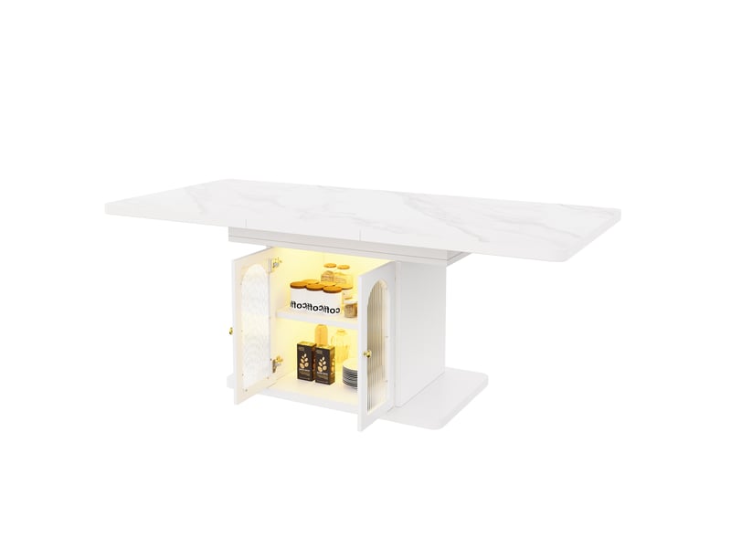 Table de salle à manger extensible 6 à 8 personnes avec rangements et éclairage led, style scandinave blanc effet marbre - Conforama A