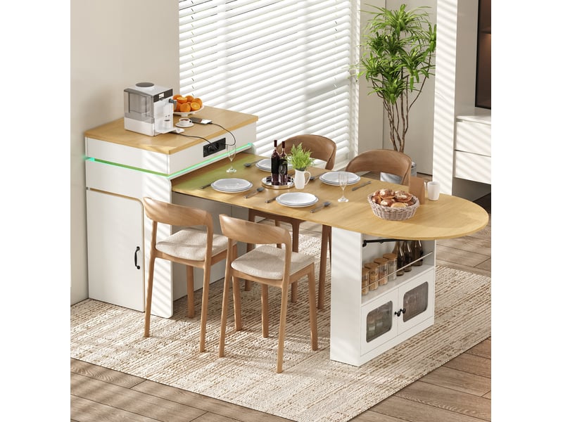 Îlot de cuisine extensible blanc et bois clair avec rangements, led et prises, idéal pour petits espaces - Conforama B