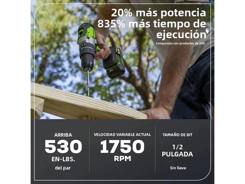  Perceuse à percussion greenworks – 24 v, moteur sans balais, mandrin métallique de 12 pouce, 0-1750 trmin, livrée avec batterie et chargeur rapide.  - Conforama C