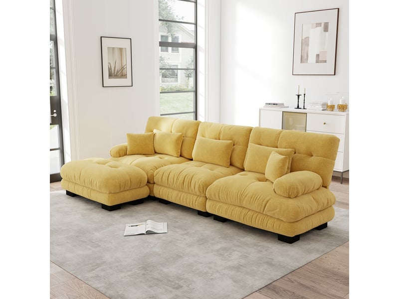  Canapé d'angle modulaire avec assise profonde, ottoman et coussins, pour salon, en chenille, jaune  - Conforama D