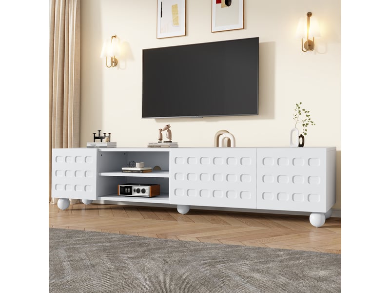  Meuble tv 200 cm blanc 3 portes avec motifs imprimés, pour téléviseur jusqu'à 80 pouces, 5 pieds stables  - Conforama D