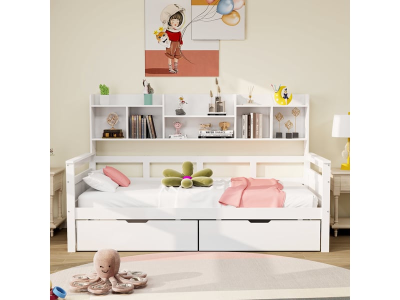  Lit enfant 90x200 cm, lit simple avec tiroirs et étagères, sommier à lattes, en bois massif, sans matelas, blanc  - Conforama B