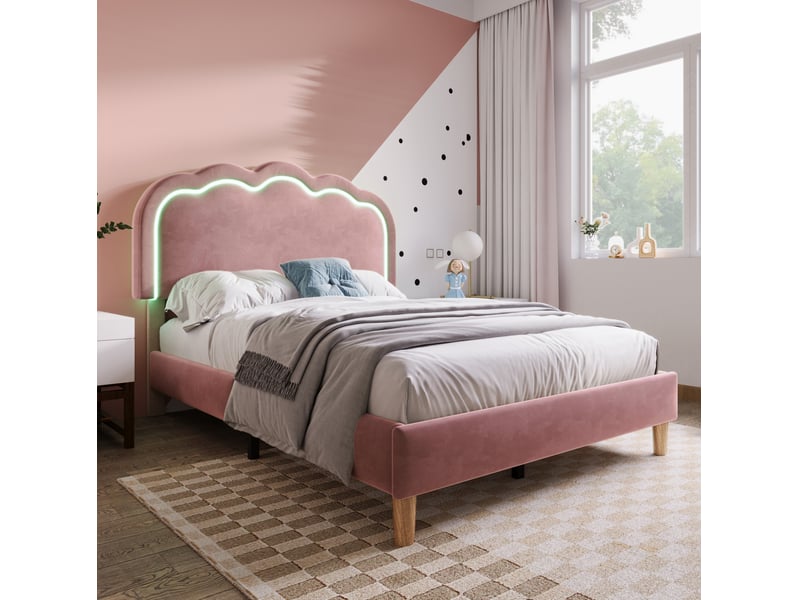  Modenvie lit simple capitonné 90x200 cm - tête de lit led réglable, sans matelas - rose  - Conforama B