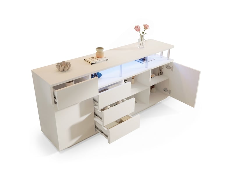  Buffet avec éclairage led 2 portes 4 tiroirs en mdf blanc 160 x 40 x 75 cm  - Conforama B