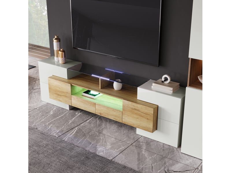  Meuble tv modenvie 200 x 35 x 60 cm led multicolore blanc brillant et décor bois  - Conforama E