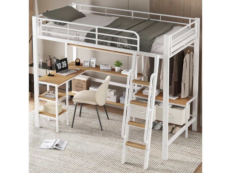  Lit mezzanine, lit simple en métal avec bureau, étagère et 2 bacs en tissu, 90x200 cm, sans matelas, blanc et naturel  - Conforama B