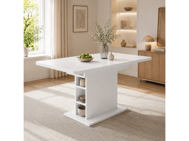  Table à manger extensible 110130 x 70 x 75 cm avec rangement ouvert, rectangulaire pour 4 à 6 personnes, blanc  - Conforama B