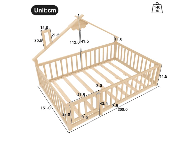 Lit cabane 140x190 cm, cabane, barrière avec serrure, en bois, naturel, sans matelas - Conforama C