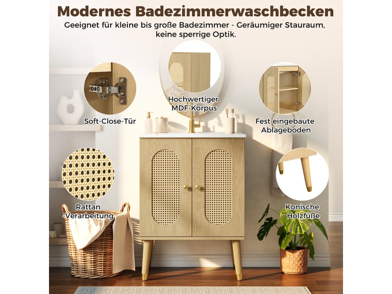  Meuble salle de bain 61 cm avec lavabo en céramique et aspect bois naturel  - Conforama C