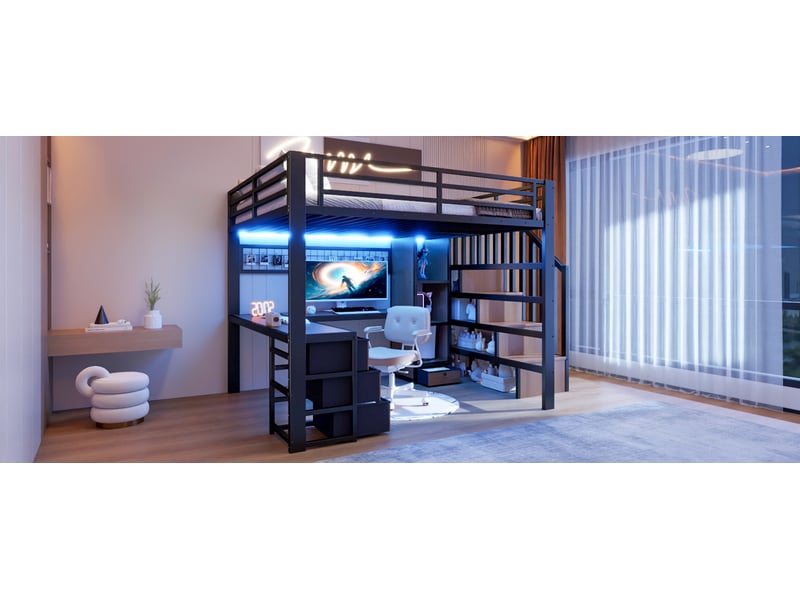  Lit mezzanine enfant 140 × 200 cm 2 places avec bureau, 4 tiroirs, led et rangements, sans matelas, noir  - Conforama E
