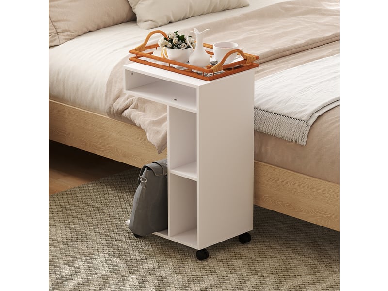  Table basse avec 3 niches et 1 plateau, 4 roulettes avec freins, forme en c, pour salon, en panneaux mélaminés, blanc  - Conforama C