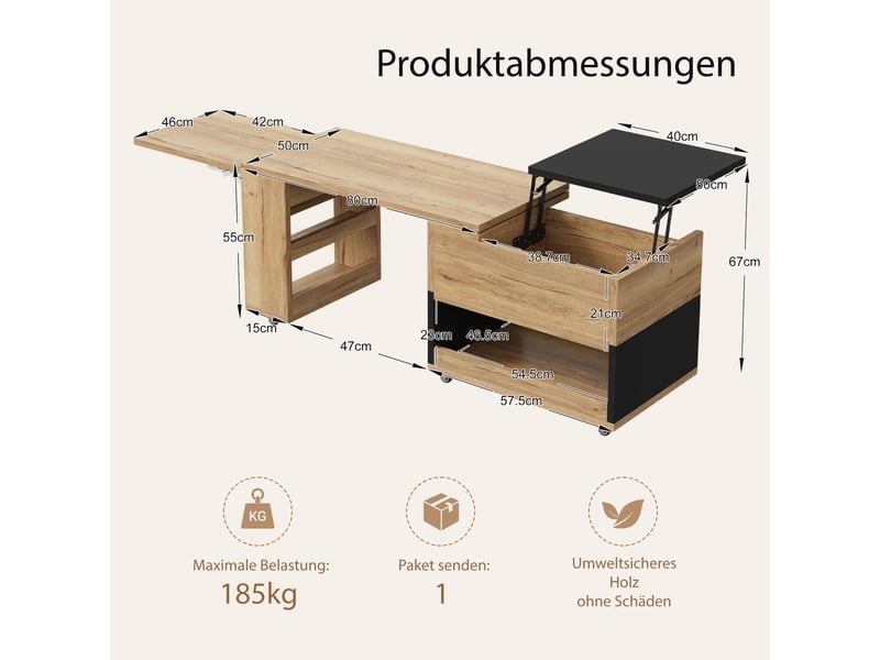 Table basse modulaire extensible avec élément pivotant à 360°, plateau relevable, rangement et roulettes pour salon  - Conforama D