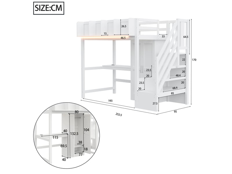 Lit mezzanine 90 x 200 cm avec bureau, armoire, led et rangements, blanc  - Conforama C