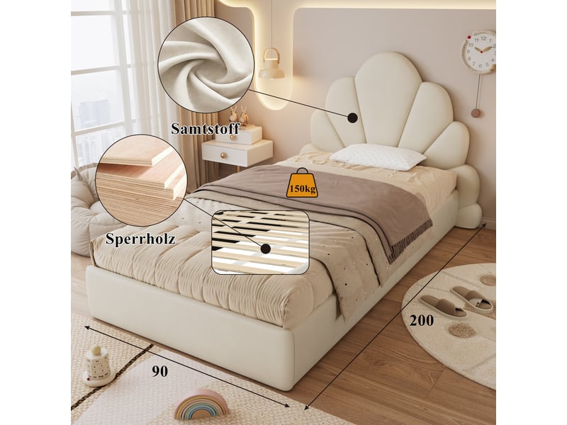  Lit individuel 90x200cm, tête fleur ondulée, velours beige, structure moderne, design sobre et cosy  - Conforama C