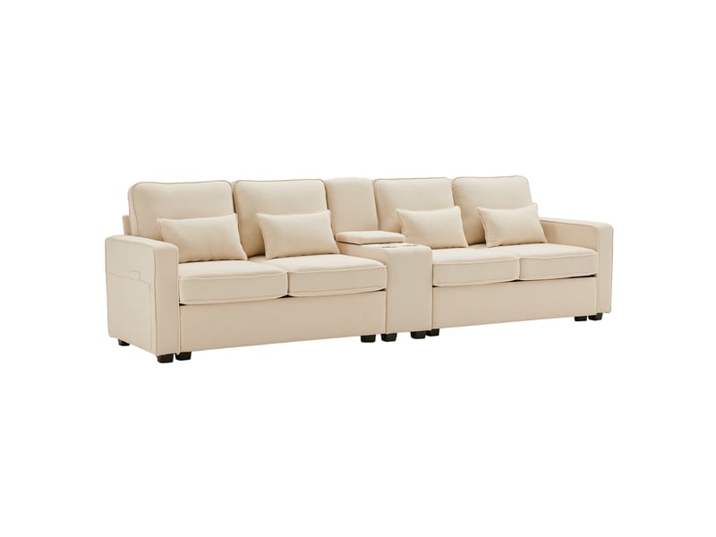  Canapé 4 places 290x83x88cm, poches de rangement, ports usb avec câbles, 2 portes-boissons et 4 coussins, lin beige  - Conforama A
