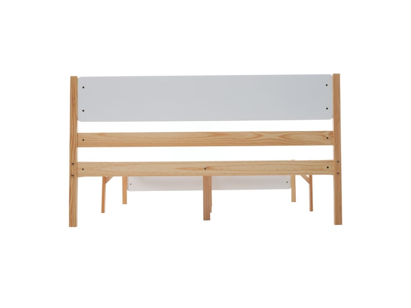  Lit double en bois 140x200 cm, cadre en pin avec pied central, lit enfant, lit adulte avec tête et pied de lit en mdf, blanc+naturel  - Conforama R
