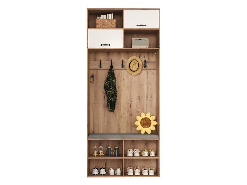  Meuble d'entrée avec 5 crochets, banc rembourré et éclairage led réglable pour hall d'entrée, 80 × 35 × 185 cm  - Conforama A