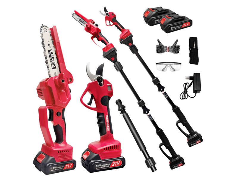  Kit de jardinage 4-en-1 haute performance – scie d'élagage 21v lithium sans balais + sécateur électrique télescopique orientable 180° – pack d'outils sans fil pour taille et élagage d'arbres  - Conforama A