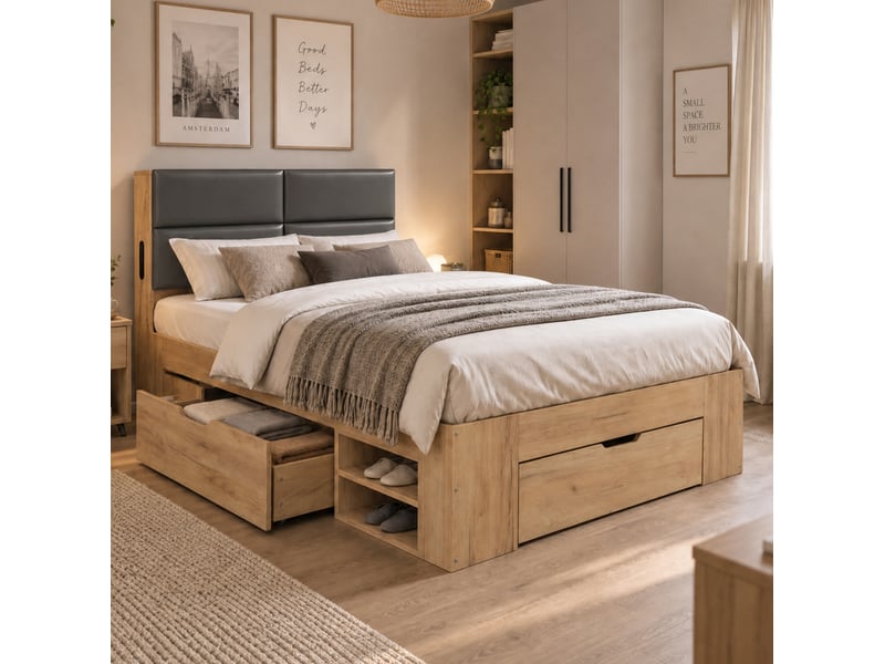  Lit enfant 90x200 cm, lit simple avec rangement, usb, usb-c et tête de lit en pu, naturel, sans matelas  - Conforama W