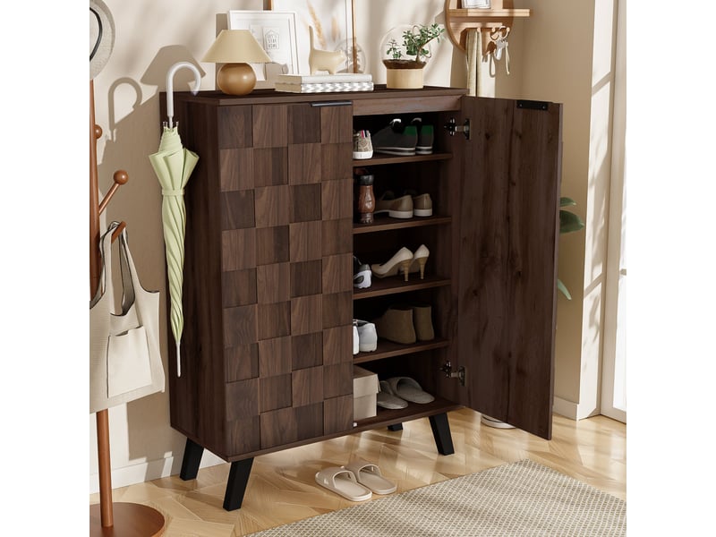  Meuble à chaussures 80x35,5x110 cm, 5 compartiments, 4 étagères réglables et pieds noirs, pour entrée et couloir - bois foncé  - Conforama D