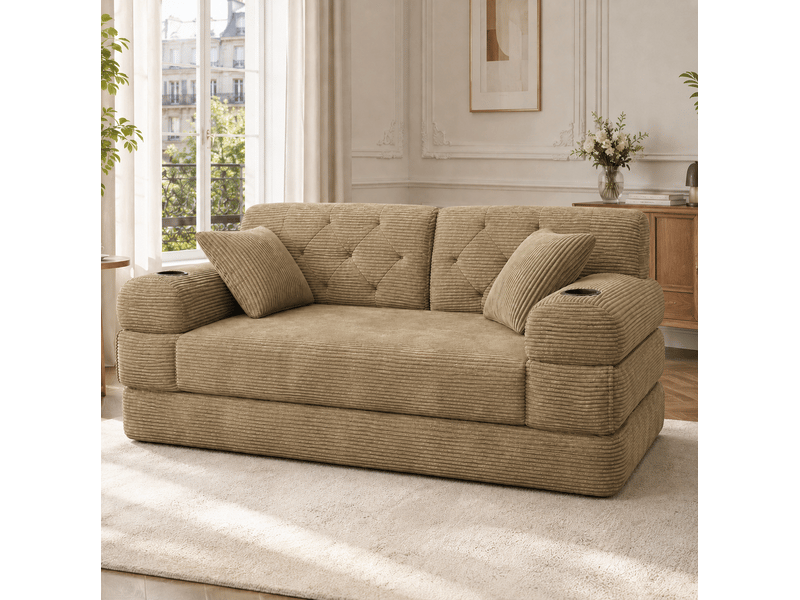  Canapé-lit 3 places en velours côtelé kaki avec 4 poches et 2 porte-gobelets  - Conforama E