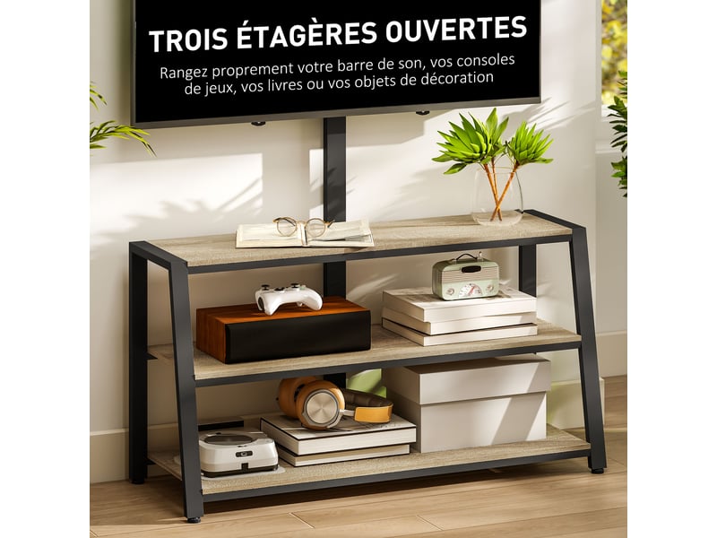  Meuble tv avec support pour téléviseurs de 32-70 pouces, étagères ouvertes, angle ajustable 35°, 108x41x135cm, effet bois naturel  - Conforama E