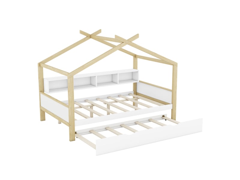  Lit cabane 140x200 cm, lit double avec lit gigogne, 4 compartiments de rangement, en bois, blanc, sans matelas  - Conforama E