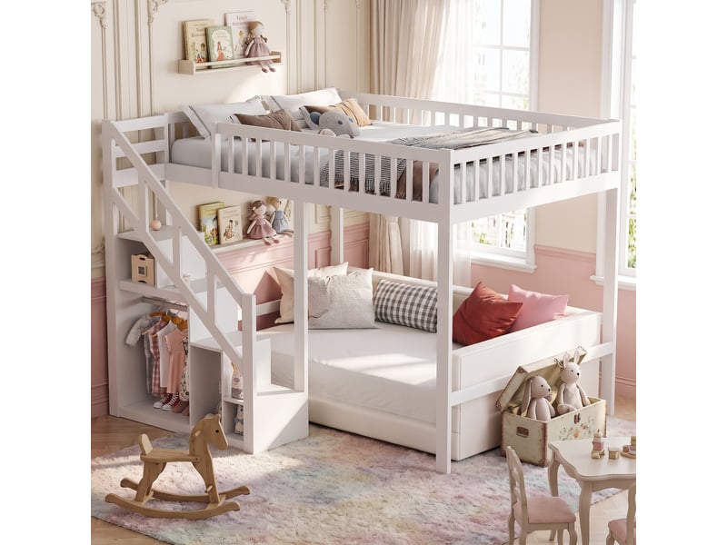  Lit mezzanine enfant 90x200 cm avec escalier de rangement, lit surélevé avec sommier et barrière, lit avec rangement, cadre de lit, bois massif, blanc, matelas non inclus  - Conforama B