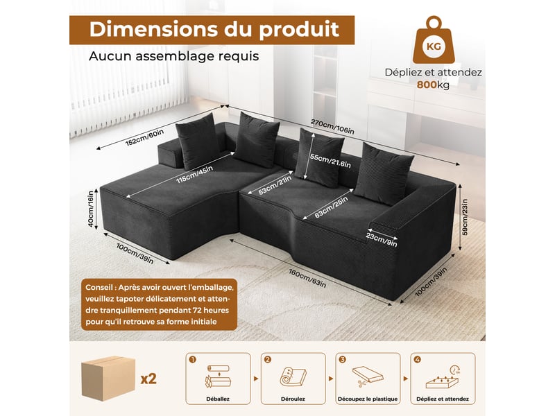  Canapé d'angle gauche modulaire 3 places compressé en velours côtelé,mousse haute densité,sans assemblage,canapé de salon,270x152x59cm,noir 270x152x59CM - Conforama E