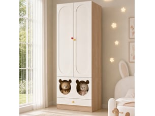 Armoire enfant 2 portes avec tringle, étagères et tiroirs, pour chambre, en mdf blanc et naturel, 80 × 50 × 200 cm