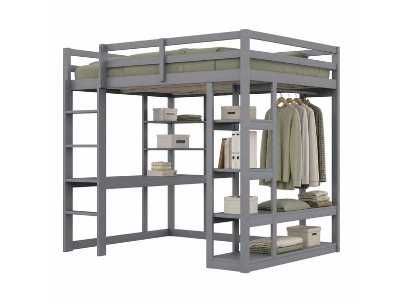  Lit mezzanine enfant 140x200 cm – gris – bureau, étagères et penderie intégrés, gain de place – sans matelas  - Conforama A