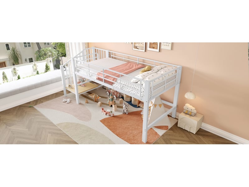  Lit superposé mi haut 90x200 cm blanc mdf métal avec escalier de rangement et sommier à lattes Sol Morn - Conforama B
