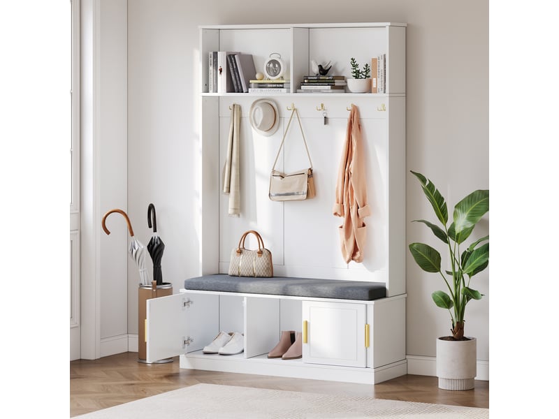  Meubles d'entrée avec banc, 6 patères triples, rangement à chaussures et niches ouvertes, blanc, 120 × 40 × 191 cm  - Conforama C