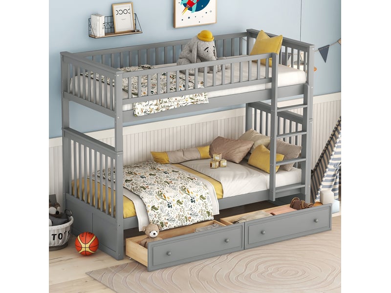 Lit superposé enfant 90x200 cm en pin et mdf, 2 tiroirs, convertible, gris - Conforama B