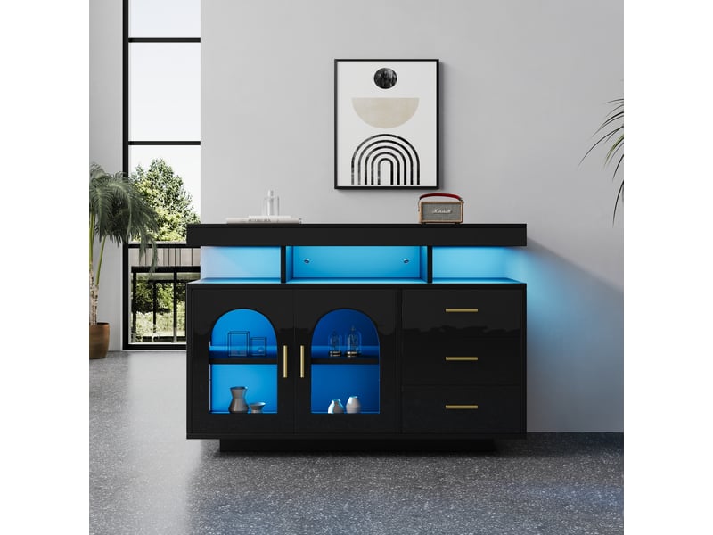  Buffet de salon 140x40x65 cm, commode moderne avec bandeau lumineux led, meuble de rangement avec 3 compartiments et 4 portes  - Conforama E