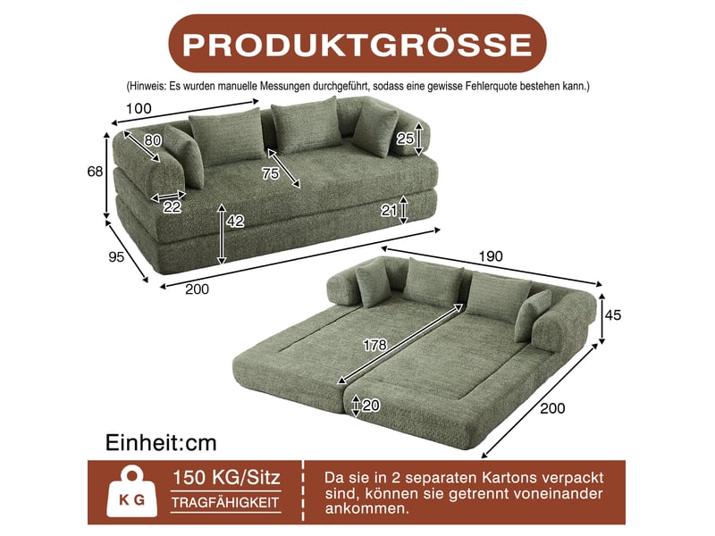 Canapé droit convertible 2 places en tissu vert, dossier réglable, 4 configurations, livré avec 4 coussins - Conforama C